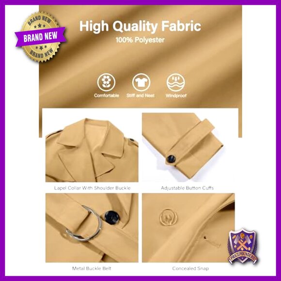 Cropped Trench Coat Double Breasted Casual Chic Fall Outerwear with Belt - Picture 5 of 7